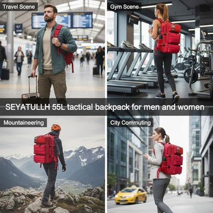 Military Tactical Backpack 55L for Men & Women Bug Out Bag Assault pack Molle Daypack Hiking Trekking Rucksack (Red) - color: Red