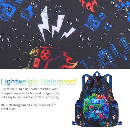 RHCPFOVR Drawstring Backpack for Kids - Game Bags for Girls Gym Dance Beach Swim Travel Bag With Two Water Bottle Holder - color: Dinosaur