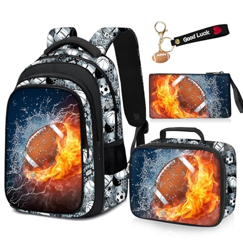 School Backpack for Boys - 4pcs American Football Boys Backpack with Lunch Box Set for Kids Children Teens Elementary Middle School - 17″ Sport Bookbag Travel Back Pack for Age 6-18 - color: American Football Backpack01 Set