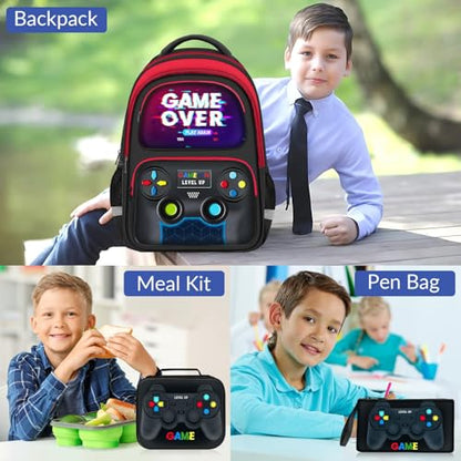 School Backpack for Boys - 3pcs Gamer Boys Backpack with Lunch Box Set for Kids Teens Elementary Middle School - 17″ Video Game Bookbag Travel Back Pack for Age 6-18 - color: Gamer Red-backpack Set
