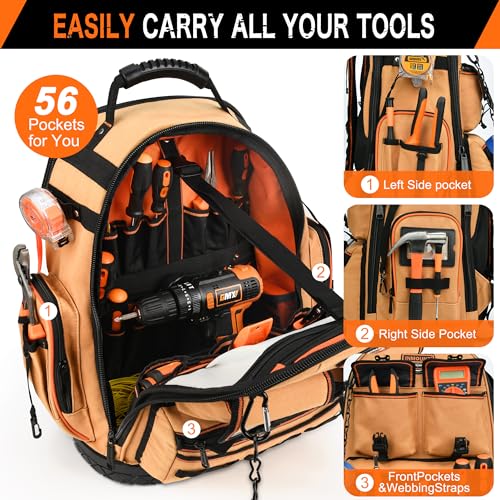 Tool Bag Backpack, Tool Backpack Heavy Duty Organizer/HVAC Tool Bag for Electrician/Construction Work with Molded Base and Combination Lock, Large, Brown