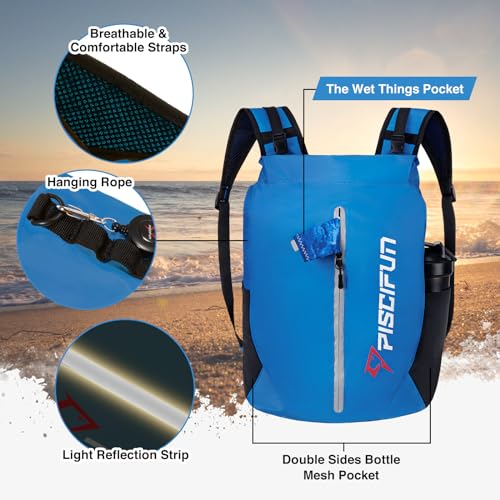 Piscifun Dry Bag Waterproof, Lightweight Dry Backpack Roll-Top Sealed with Waist Pouch and Phone Case Keeps Gear Dry Inside for Kayaking, Boating - color: Light Blue, size: 30L