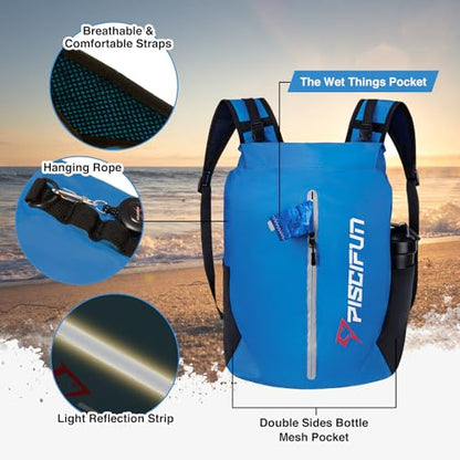 Piscifun Dry Bag Waterproof, Lightweight Dry Backpack Roll-Top Sealed with Waist Pouch and Phone Case Keeps Gear Dry Inside for Kayaking, Boating - color: Light Blue, size: 30L