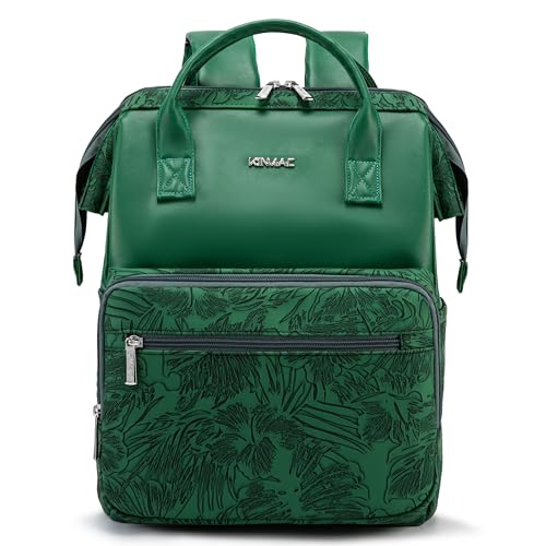Kinmac Wide Open Style Laptop Backpack for Laptop Up to 15.6 Inch Men Women Travel Outdoor Backpack (Green Leaves PU) - color: Green Leaves Pu