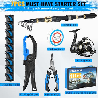 PLUSINNO Fishing Gear,Full Fishing Pole kit Include Fishing Rod and Reel Combo, Tackle Box with Fishing Lures, Fishing Accessories, Fishing Pliers,Fishing Gifts for Men with Fishing Tool Kit - style: Blue Fishing Combo With Fishing Rod Holder