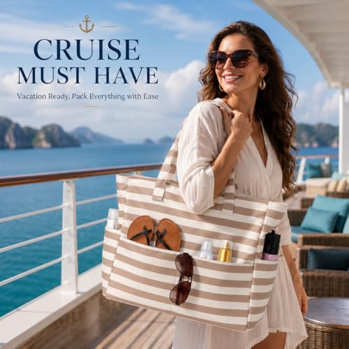 LEDAOU Beach Bag Waterproof Sandproof Women Beach Tote Pool Bag with Zipper for Swim Gym Grocery Travel with Wet Pocket | Sandproof - color: Brown White Stripes