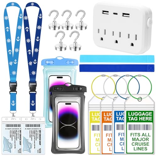 16 Pcs Cruise Essentials Kit, Cruise Must Haves Kit Include Non-Surge Power Strip, Cruise Lanyards with Ship Card Holders, Cruise Luggage Tags Holder, Towel Bands, Magnetic Hook, Phone Pouch - color: Cruise Essentials Kit