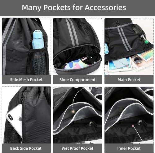 Drawstring Backpack Gym Bag with Shoes Compartment, Dry and Wet Separation