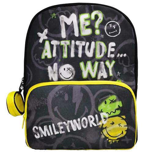 Get Trend Smiley World Kids Backpack for Boys, 18 inch Book Bag with Adjustable Padded Straps, Travel School Bag, Kids Gifts (Yellow/Multi Smiley) - color: Yellow/Multi Smiley