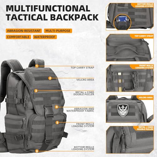 50L Military Tactical Backpack 3 Day Assault Pack Molle Daypack Hiking Backpack for Men and Women - color: Gray