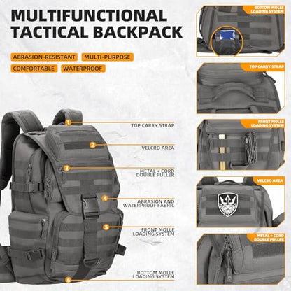 50L Military Tactical Backpack 3 Day Assault Pack Molle Daypack Hiking Backpack for Men and Women - color: Gray