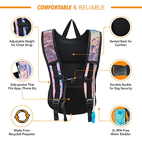 Vibe Festival Gear Rave Hydration Pack Backpack with 2L Water Bladder for Women Men – Festival Hydropack, Hydro Pack, Leak Proof, Lightweight – Teens, Party, Hiking, Running, Outdoor Sports - color: Gold Pink Holographic