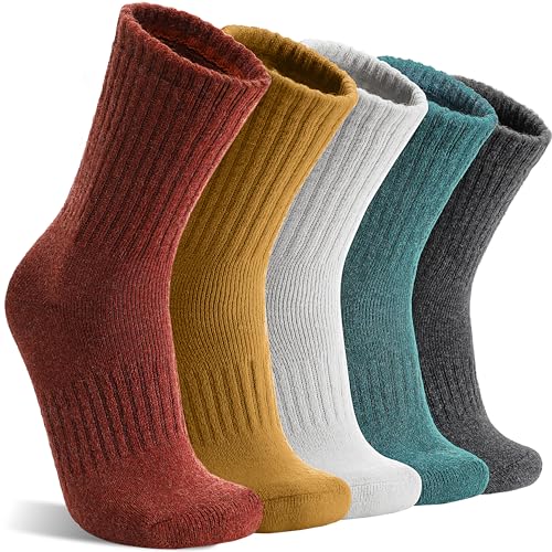 MOGGEI 5 Pairs Womens Merino Wool Socks Hiking Warm Winter Thick Thermal Crew Cozy Cabin Ladies Gift Comfy Boot Work Socks - color: White/Yellow/Green/Dark Grey/Caramel