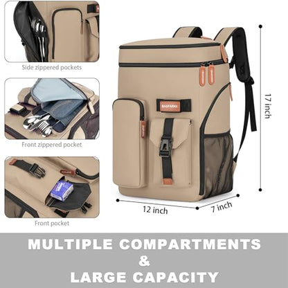 BAGPARKK Insulated Cooler Backpack,33/45 Cans Multifunctional Double Deck Leakproof Cooler Bag with Sternum Strap,Large Capacity Lightweight Travel Camping Beach Backpack - color: Beige, size: 33Can