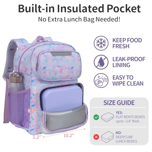 Kids Backpack for Girls - 17 Inch Insulated School Bag Ages 8-10 | Elementary Backpack for Grades 3-5, Fits Binder Laptop, Insulated Pocket, Reflective Strips, S-Curve Straps, Purple Tie Dye - color: Purple Tie-dye