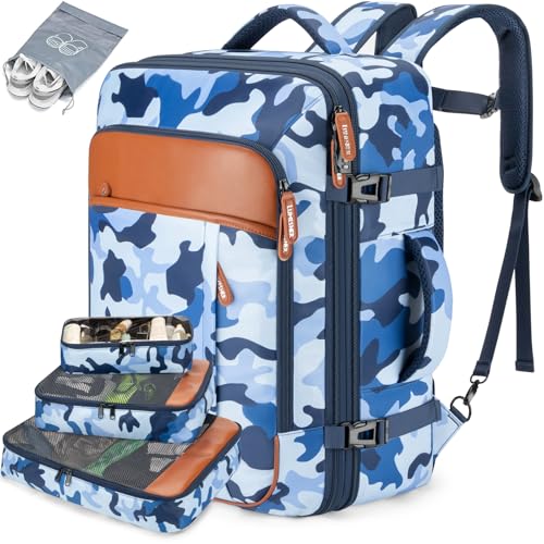 BAGPARKK Travel Backpack 42L Carry on Backpack Flight Approved Expandable Travel Backpack Carry on Backpack Luggage Daypack (Blue Camouflage) - color: Blue Camouflage
