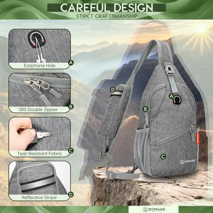 ZOMAKE Sling Bag,Small Crossbody Sling Backpack,Water Resistant Shoulder Daypack for Travel,Anti Thief Chest Bag for Hiking(Gray-Black) - color: Gray-black
