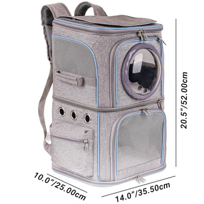 2-in-1 Pet Carrier Backpack for Two Cats or One Dog, Double-Layer 2 Compartment Carry Bag to Transport Small Animals Traveling and Hiking, Space Capsule Clear Bubble Dome - color: Grey