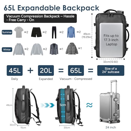 travel inspira Vacuum Compression Backpack 65L, Carry On Backpack with Electric Pump, TSA Lock, Water Resistant, Laptop Compartment for Travel, Camping, Business, Weekend Trips - color: Black Carry on