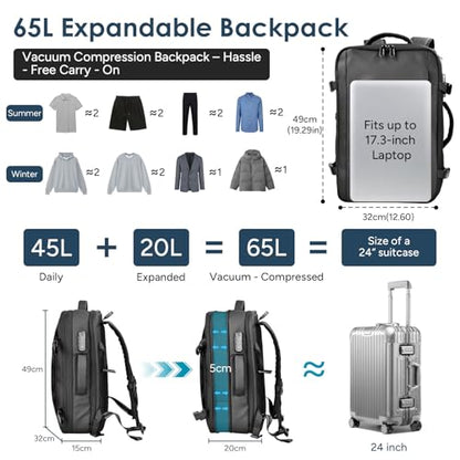 travel inspira Vacuum Compression Backpack 65L, Carry On Backpack with Electric Pump, TSA Lock, Water Resistant, Laptop Compartment for Travel, Camping, Business, Weekend Trips - color: Black Carry on