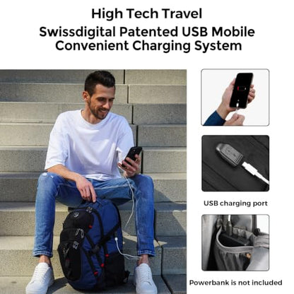 Swissdigital Design Travel Laptop Backpack for Men with USB SD803-12 - color: Black/Blue