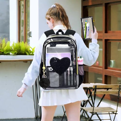 gxtvo 3PCS Clear School Backpack Heavy-Duty Set for Women & Teen Girls, 17" See Through Bookbag with Luxurious Gold Zipper, Black Sequins Transparent Bag - color: Black Sequins Clear Backpack Set