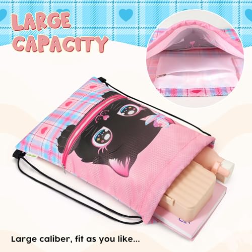WAWASAM Kids Drawstring Backpack, Gym Swim Bag Cinch Bag for Girls Boys with Zipper Pocket - color: Cat