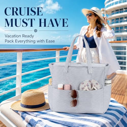 LEDAOU Beach Bag Waterproof Sandproof Women Beach Tote Pool Bag with Zipper for Swim Gym Grocery Travel with Wet Pocket | Sandproof - color: Light Gray White Stripes