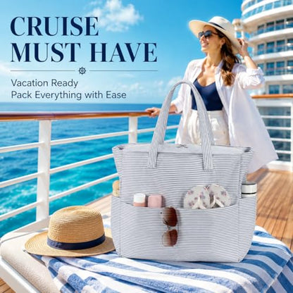LEDAOU Beach Bag Waterproof Sandproof Women Beach Tote Pool Bag with Zipper for Swim Gym Grocery Travel with Wet Pocket | Sandproof - color: Light Gray White Stripes