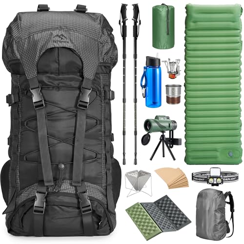 Premium Hiking Camping Backpack Set, Casual Style with Inflatable Sleeping Pad, Trekking Poles, Monocular, Water Filter Bottle & LED Headlamp - Adventure Essentials for Outdoor Explorers
