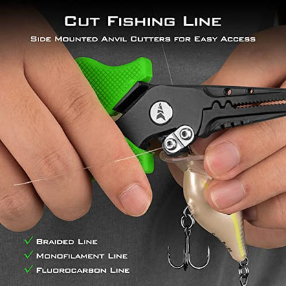 KastKing Cutthroat 7.5- Inch Saltwater Resistant Fishing Pliers, 5-Inch Braid Scissors, Line Cutter, Hook Remover, Fishing Tools Set, Gifts for Men - style: B: Split Ring Plier and Scissor - Green