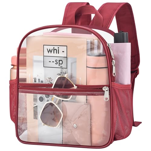 Clear Backpack for Stadium Events, 12x12x6 Small Clear Plastic bag with Reinforced Straps for Game Security Festival Concert - color: Rose Red