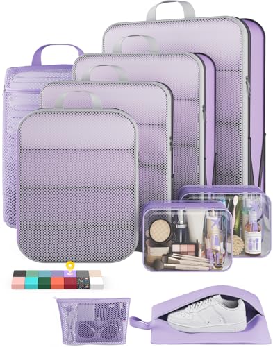 Veken 9/11 Set Compression Packing Cubes for Travel Essentials,Compressible Expandable Luggage Suitcase Organizer Bags for Clothing,Space Saver Bags with Over 1000 pcs of Mesh Holes(Light Purple) - color: Light Purple, size: 9 set