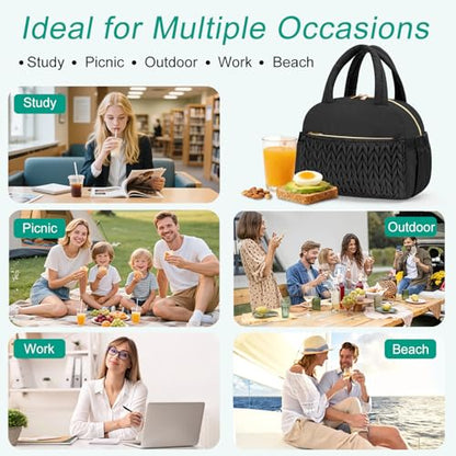 Coobiiya Quilted Puffer Insulated Lunch Bag Women Men, Cute Cotton-Like Taslan Lunch Box for Women Men, Thermal Waterproof Cooler Bag Large Capacity for Work Picnic Travel（Black） - color: Black Woven Cotton