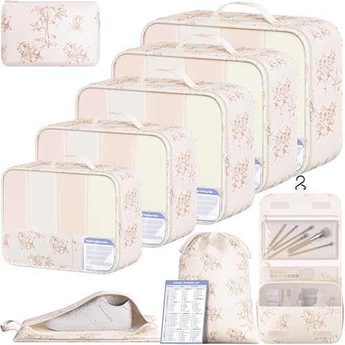 BAGAIL 9 Set Packing Cubes with Packing List Luggage Packing Organizers for Travel Accessories (Pink floral) - color: Pink floral
