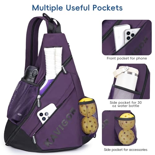 KAVIGOR Pickleball Sling Bag, Convertible Ultra-Light Backpack with Skin-Soft Fabric & Wet/Dry Pocket, Fits 4 Paddles + Gear - color: Dark Purple