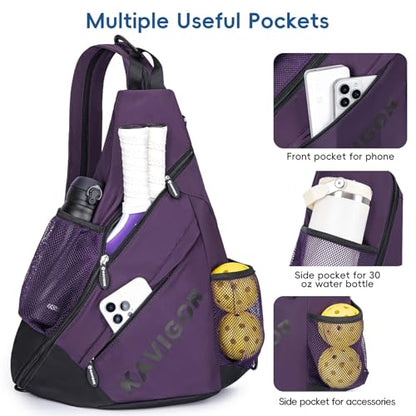 KAVIGOR Pickleball Sling Bag, Convertible Ultra-Light Backpack with Skin-Soft Fabric & Wet/Dry Pocket, Fits 4 Paddles + Gear - color: Dark Purple