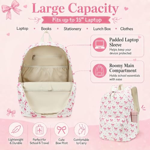LOIDOU Girls Backpack for Kids Cute School Bookbag - color: Bow Beige 215, size: L-17"