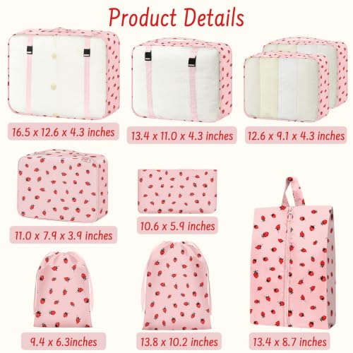 9 Set Packing Cubes for Travel Essentials - Lightweight Carry-On Luggage Organizer Bags with Shoe, Clothes & Laundry Bags for Airplane, Family & Business Travel, Pink strawberry - color: Pink strawberry