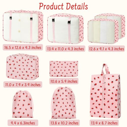 9 Set Packing Cubes for Travel Essentials - Lightweight Carry-On Luggage Organizer Bags with Shoe, Clothes & Laundry Bags for Airplane, Family & Business Travel, Pink strawberry - color: Pink strawberry