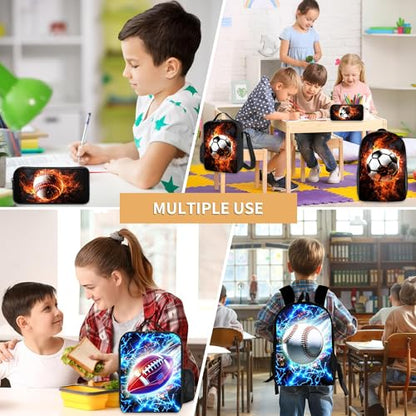 3PCS Boys Backpack, Kids Back To School Backpack with Lunch Box Pencil Case Set, Cool Baseball Backpack for Boys Teens, 17" Schoolbag Bookbag for Elementary Middle High School Students - color: Fire Baseball