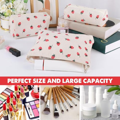 3 Pcs Makeup Bag Cosmetic Bag Set for Girls Women Travel Organizer Bathroom Toiletry Pouch Large Capacity Storage Bag (Strawberry Beige) - color: Strawberry Beige