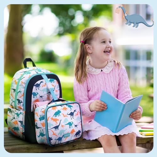 mommore Kids Backpack for Boys Girls 4-8 Kindergarten Elementary School Backpack with Lunch Box - 15” H Fit Folder - color: Blue Dinosaur, style: 2 Pcs