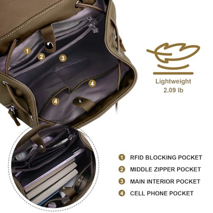 BOYATU Women’s Full-Grain Leather Backpack Purse, Minimal Structured Design, Work Commuter & City Travel, Compact Everyday Essentials, Fashion RFID Pocket Bag ((Olive green) - color: Green