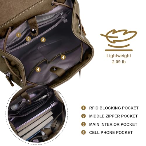 BOYATU Women’s Full-Grain Leather Backpack Purse, Minimal Structured Design, Work Commuter & City Travel, Compact Everyday Essentials, Fashion RFID Pocket Bag ((Olive green) - color: Green