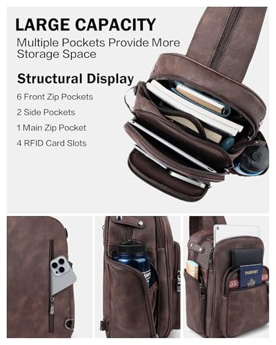 FADEON Large Sling Bag for Women, Designer Leather Crossbody Purse Convertible Sling Backpack, Anti Theft Daypack for Travel - color: Coffee Brown Retro Style