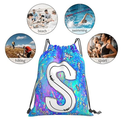 Drawstring Backpack Bag Sport Gym Sackpack Initial Blue Draw String Cinch Bags Bulk String Backpack Storage Bag for Women Men Letters S - color: Letters S