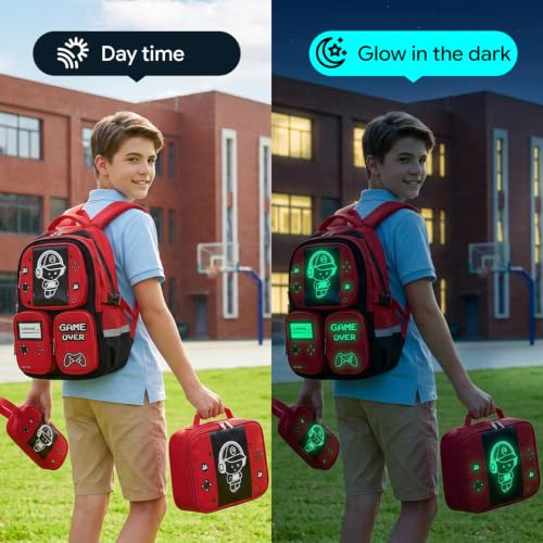Boys Backpack, Luminous Gamer Backpack for Boys with Lunch Box,Pencil Case and Coin Puese,Kids Schoolbag Bookbag for Teen Boy Elementary Middle High School Travel(Black-Red) - color: Black-red