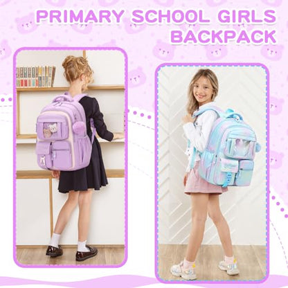PIG PIG GIRL Kids Backpack for Girls School Bags for Middle School Students Book Bag for Elementary Primary Kawaii Ita Backpack, Purple and Beige - color: Purple and Beige