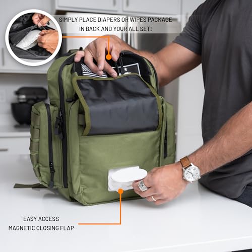 Green Dad Diaper Bag - Molle-Style Military Diaper Backpack Made of Rugged 900D Waterproof Polyester with Wider Extra-Long Straps, Dirty Diapers Pouch, Baby Wipes Dispenser & Insulated Bottle Pockets - color: Green